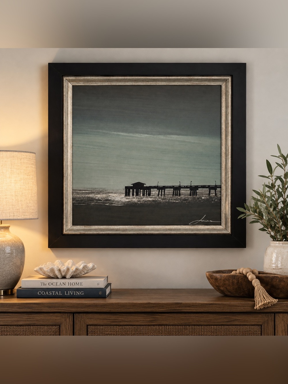 Luna Signed Framed Pier Seascape Print Contemporary Nautical Art 16x16